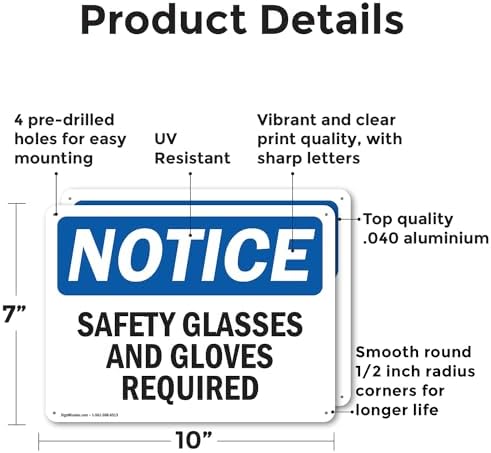 (2 Pack) Safety Glasses And Gloves Required OSHA Notice Sign 10 Inch X 7 Inch Indoor/Outdoor Rust-Free Aluminum Metal Signs for Workplace, Workshop, and Construction Site, Made in the USA - Image 2