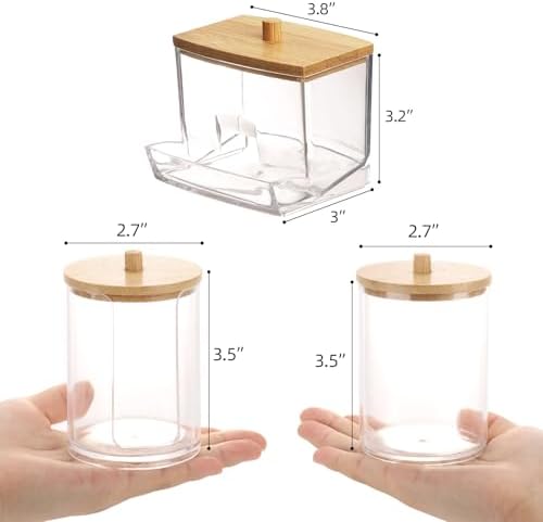 Tbestmax Bathroom Organizer Accessories Set-10 OZ Qtips Holder Storage with Bamboo Lids, Cotton Ball/Swabs Dispenser, Apothecary Container Jar 3 Pcs - Image 2