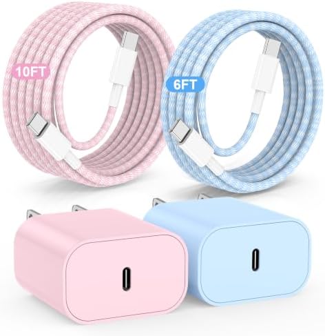 20W USB C Fast Charging for iPhone 17 Air/16/15 Pro Max,2Pack Colorful Mixed Charger Block with Braided Long USB C to C Cables (6/10ft) Compatible with iPhone16/15 Pro/15 Plus/iPad Pro by Hzevn