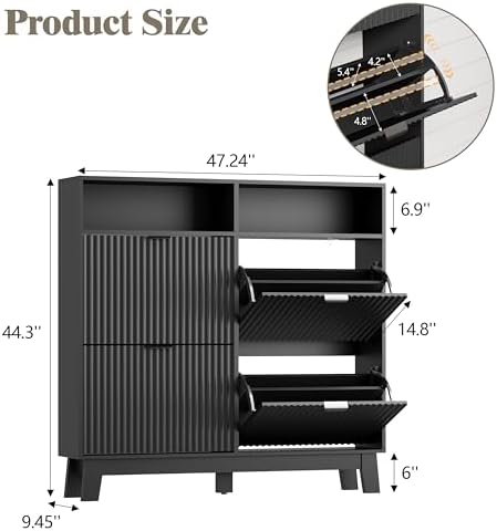 Shoe Cabinet Storage for Entryway with 4 Flip Drawers, Fluted Narrow Shoe Organizer with Wooden Legs & Top Cubby, Freestanding Slim Shoe Storage Hidden Shoe Rack for Front Door Entrance, Black - Image 2