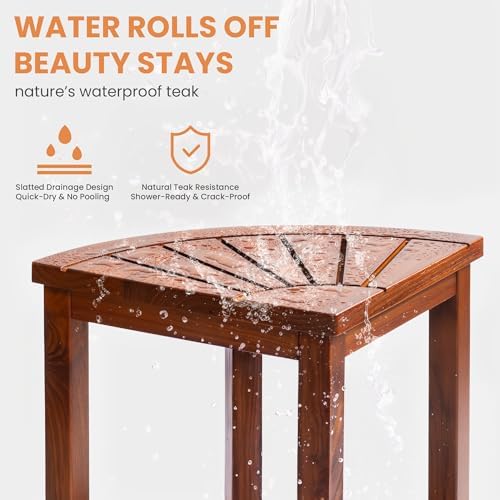 Axeman Space-Saving Teak Shower Stool with Storage Shelf - 12" Corner Shower Bench for Small Spaces - Waterproof 2-Tier Design for Shaving, Bathing & More (350lb Capacity) - Image 3