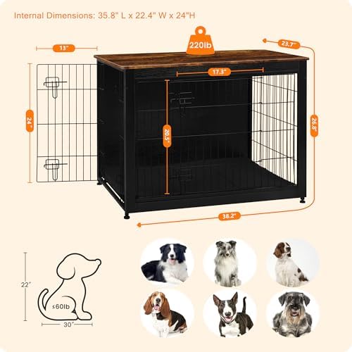 DWANTON 38.5" XL Dog Crate Furniture with Cushion, Large Dog Kennel Indoor - Image 3