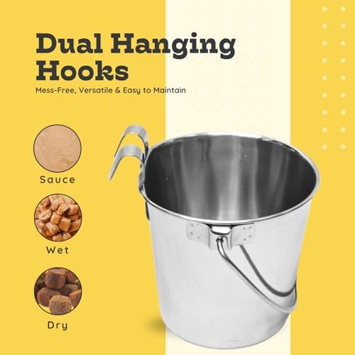 1 quart Stainless Steel Flat Sided Bucket with Dual Hooks | 0.25 gal Durable Food & Water Bowl for Dog Cat Bird & Small Animals | Fits kennel Cage Critter Crate | Hanging Utility Pet Pail - Image 4