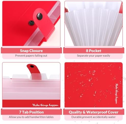 SKYDUE 8 Pockets Expanding File Organizer, Expandable File Folders with Pockets, Portable Document Paper Organizer, A4 Letter Size Filing Folder, Snap Closure, Red - Image 4