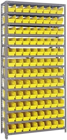 Quantum Storage Systems 1275-101YL Steel Shelving Unit with 4" Shelf Bins, 12" D x 36" W x 75" H, Yellow by QuantumStorageSystems