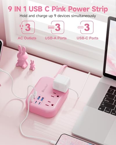 Beeiker 6 USB (3 USB C) Pink Power Strip, 5Ft Extension Cord, 3 Outlets - Image 3