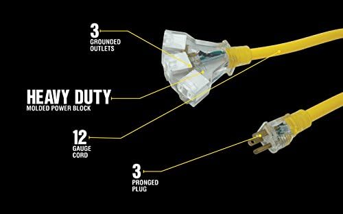 Southwire Yellow Jacket Extension Cord – Contractor-Grade 3-Outlet Design with Lighted End-Durable Vinyl Jacket for Rugged Jobsite Use-SJTW,Yellow-2 Foot,12 Gauge-Heavy Duty,UL Listed,(Pack of 10) - Image 6