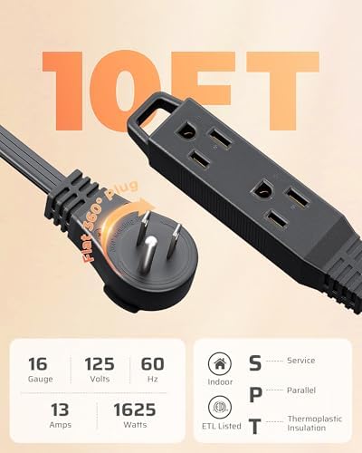 DEWENWILS 10FT 360° Rotating Flat Plug Extension Cord/Wire, 16/3,ETL Listed - Image 3