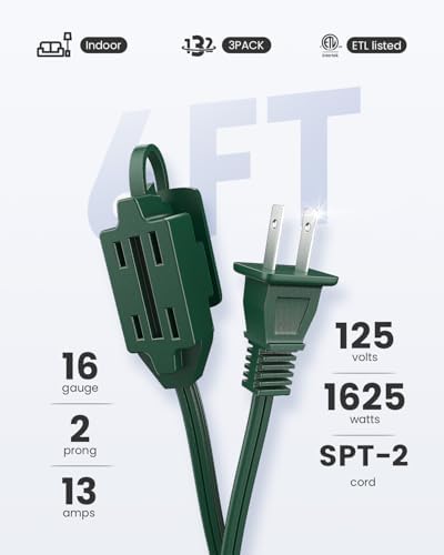 PLUGTUL Green Indoor Extension Cord 6 FT | 2 Prong Extension Cord, 3 Polarized Outlets with Safety Cap Protect for Home Office, 16/2 SPT-2 ETL Listed, 3 Pack - Image 2