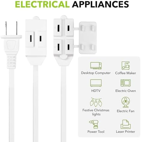 HBN Indoor Extension Cord, 6ft 3 Pack, White, 3 Outlets with Safety Cap Included, 2 Prong Polarized Plug, Perfect for Homes, Offices, and Kitchens - Image 7