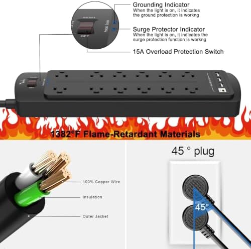 Power Strip, Nuetsa Surge Protector with 12 Outlets and 4 USB Ports, 10 Feet Flat Plug Extension Cord for Home, Office, Dorm Essentials, 2700 Joules, ETL Listed, Black - Image 6