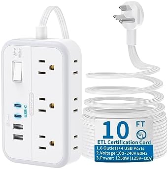 10 ft Flat Extension Cord, Flat Plug Power Strip with 6 Outlets 4 USB Ports, Wall Mounted Outlet Extender, Overload Protection for Indoor, Home, Office Supplies, Dorm Room Essentials by NTONPOWER