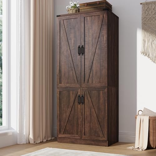 Hlivelood 75" Tall Farmhouse 2 Doors Armoire Wardrobe Closet with LED,Freestanding Closet Wardrobe Cabinet for Bedroom with Hanging Rod,Wooden Armoire Storage Cabinet with Adjustable Shelves(Brown) - Image 3