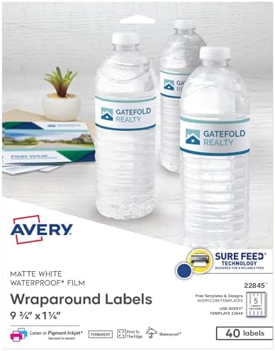 Avery Durable Waterproof Wraparound Rectangle Labels with Sure Feed Technology, 1-1/4" x 9-3/4", Matte White, 40 Customizable Labels for Laser and Pigment-Inkjet Printers (22845) by Avery
