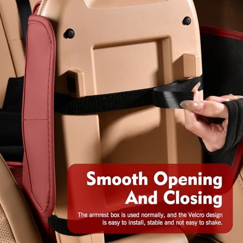 Car Center Console Cover, Waterproof Leather Multifunctional Armrest Booster Pillow with 2 Storage Bags Cup Holder, Tissue Box Slot, Universal for Most Cars with a Pack of Tissues (Red) - Image 5