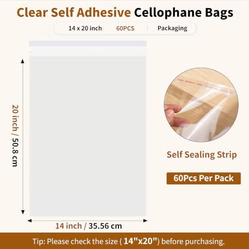 14x20Inch Self Sealing Cellophane Bags - 60Pcs Clear Poly Bags for Clothing Packaging,Coats & Winter Apparel,Clear Plastic Bags for Small Business & Retail Display - Image 2