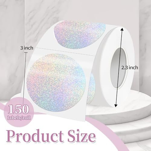 3 Inch Holographic Thermal Labels,Round Thermal Printer Labels,Waterproof Thermal Printer Stickers for DIY Logo Design,Name Tag,QR Code,Thanks Card 150 Labels/Roll (Small dots) - Image 2