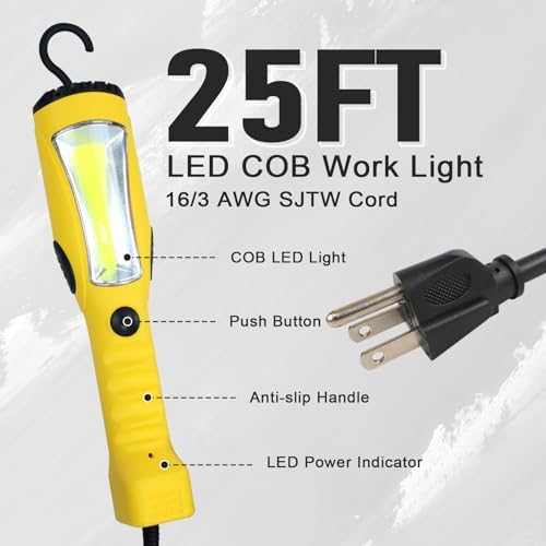 EP 25 Ft LED Work Light, 1200 Lumen COB LED Trouble Light, Yellow - Image 2