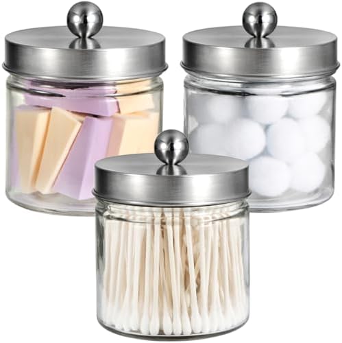SheeChung Glass Mason Jar Qtip Holder Dispenser, Brushed Nickel Lids,3 Pack by SheeChung