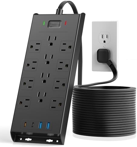 Surge Protector Power Strip 4800J, LeZone 25Ft Long Extension Cord Flat Plug, 12 Outlets 2 USB C 2 USB Ports, Wall Mountable, Desk Charging Station, Black by Unknown