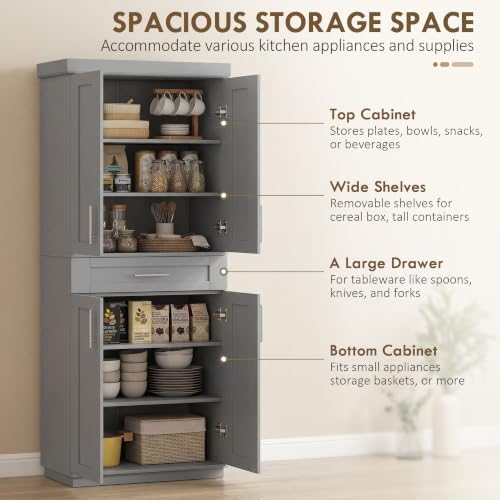 HOMCOM 72" Kitchen Pantry Cabinet Freestanding Storage Cabinet Gray - Image 4