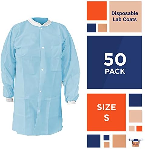 EZGOODZ Disposable Lab Coats for Adults, Small Sky Blue, 45 GSM Polypropylene, Unisex Lab Coat with Snap Front, Knit Cuffs and Collar, 3 Pockets, Pack of 50 - Image 2