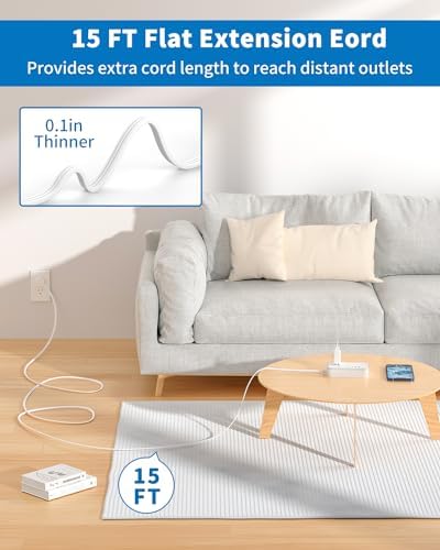 Flat Extension Cord 15 ft, NTONPOWER Surge Protector Power Strip with 6 Widely Outlets 4 USB Ports(2 USB C), Flat Plug, Wall Mounted, Side Outlet Extender for Indoor, Home Office, Dorm Room Essentials - Image 2