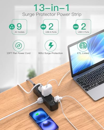10FT Power Strip, 13-in-1 Long Extension Cord with Multiple Outlets with 9 Wide Spaced Outlets and 4 USB Ports, Flat Plug Wall Mount Charging Station for College Dorm Room Essentials, Office, Black - Image 2