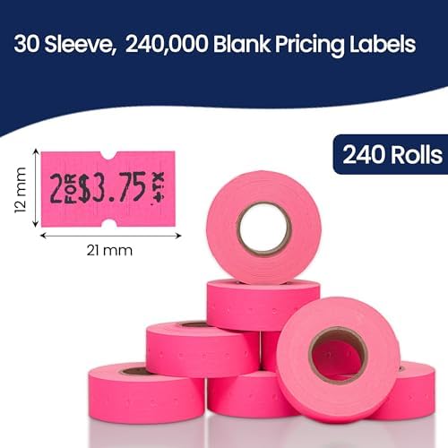 Perco 1 Line Fluorescent Pink Labels - 240,000 Blank Pricing Labels for Perco Lite, X, Plus and Pro 1 Line Price and Date Guns - 240 Rolls, Case of 30 Sleeves - Made in USA - Image 3