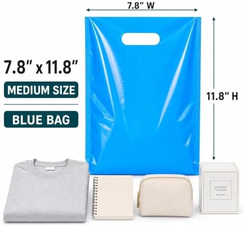 ysmile Medium Blue Plastic Bag Shopping for Small Business Boutique with Handle Store Retail Die Cut Poly Bag Goodie 100 ct 7.8"x11.8" Extra Thick 2.5 Mil - Image 2