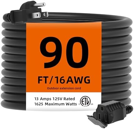 TiFFCOFiO Indoor Outdoor Extension Cord Waterproof, 90 Feet 3 Prong Power Cord for Home and Garden, 16 AWG, 13A/1625W, ETL Listed by TiFFCOFiO