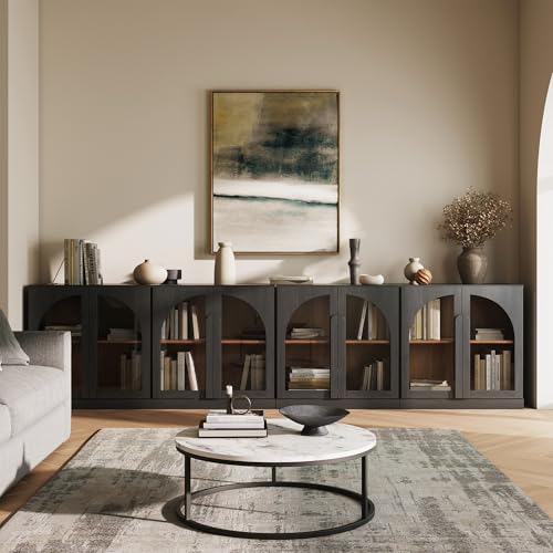 BELLEZE 2 Tier Bookshelf with Arched Glass Door, Set of 4 Modern Display Bookcase Shelf with Storage and Adjustable Shelves, 126" Wood Bookshelves for Living Room Office Entryway (Ebony) by BELLEZE