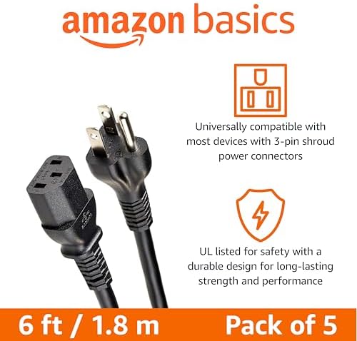 Amazon Basics Universal PC Power Cord Replacement, AC Power Cord for Monitor, Computer, TV, 3 Prong, 18 AWG, 125 Volts, 6 ft, Black, 5-Pack - Image 2