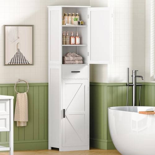 WEENFON Tall Bathroom Cabinet, Storage Cabinet with 6 Shelves & Drawer, Bathroom Storage Cabinet with Adjustable Shelves, Tall Cabinet for Living Room, Home Office, White - Image 4