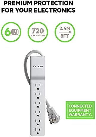 Belkin Surge Protector Power Strip-6 AC Multiple Outlets-Flat Rotating Plug,8ft Long Heavy-Duty Extension Cord for Home,Office,Travel,Computer Desktop&Charging Brick-White (720 Joules),(Pack of 6) - Image 3
