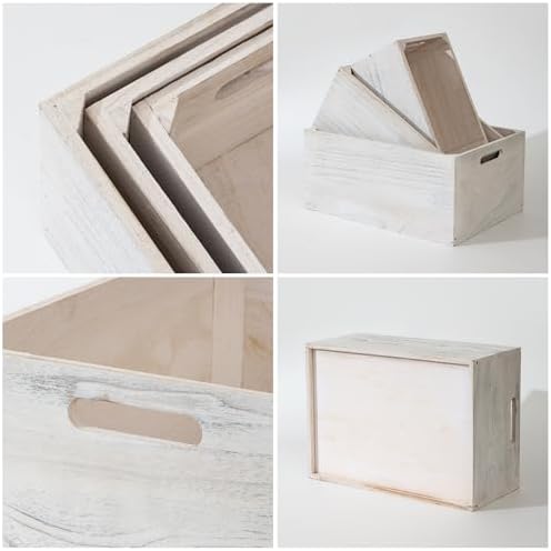 Set of 3 Rustic White Wooden Nesting Crates, 15.4x11x7 Inches Large Farmhouse Wood Storage Crates with Cutout Handles, Stackable Decorative Wood Storage Bins fot Home Decor Wedding Display - Image 3