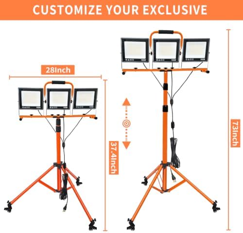 30000LM LED Work Light with Stand and Wheels 3-Head Dimmable for Garage Workshop IP66 - Image 2