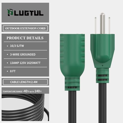 PLUGTUL 8 FT Extension Cord | 16/3 Black Heavy Duty 3 Prong Extension Cord, 13A 1625W SJTW, ETL Listed, Great for Garden and Home - Image 3