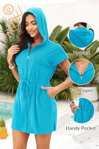 Womens Terry Cloth Cover Up Hooded Swim Cover with Zipper and Pocket - Image 3