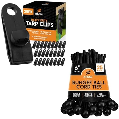 25-Pack Heavy Duty Reusable Tarp Clips & 25-Pack Bungee Ball Cords for Canopy Tents, Awning, Camping, Boat Covers, Car Covers, Pools & Sun Shades by Xpose Safety by XposeSafety