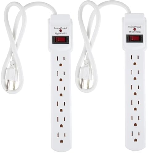 Amazon Basics Surge Protector Power Strip, 6-Outlet with 200J Protection, Circuit Breaker, LED Indicator, On/Off Switch, Wall-Mounting, 2ft Extension Cord, White, 2-Pack by AmazonBasics