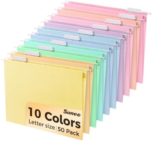 SUNEE Hanging File Folders, 50 Pack Letter Size Hanging File Folders with 1/5-cut Tabs, Stay Organized for Your Home and Office Bulk File, Documents and Paper, 10 Macaron Colors by SUNEE