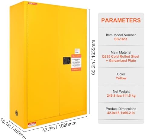 VEVOR Flammable Cabinet, 45 Gal, 18" x 43" x 65", Yellow - Image 3
