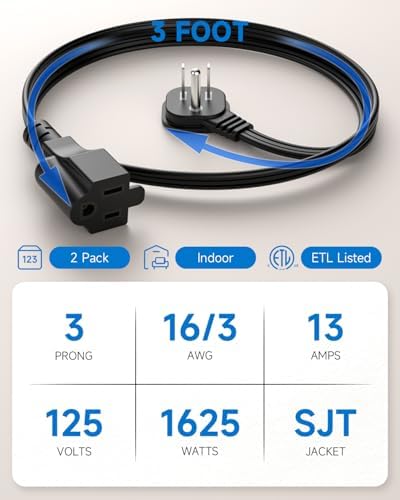Flat Plug 3Ft Short Extension Cord, 90-Degree Plug Low Profile Power Adapter, 3-Prong Indoor Grounded Small Extension Cord Black 16AWG 13A 1625W 2 Pack - Image 3