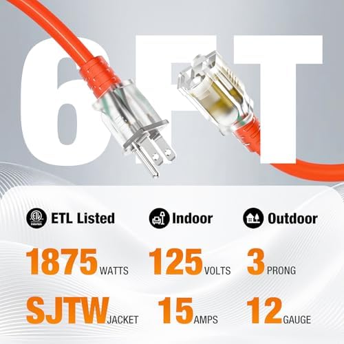 12/3 Gauge Outdoor Extension Cord 6 FT Heavy Duty Waterproof Orange - Image 2