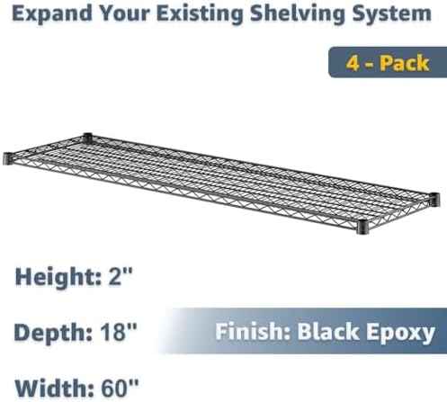 18" x 60" Commercial Wire Shelving Add-On Shelf 4 Pack, NSF Black, Heavy Duty Storage Use - Image 2