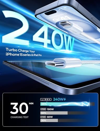LISEN 240W USB C to USB C Cable Fast Charging Computer Security Cables Type C Charger Fast Charging Cord Type C Cable for iPhone 17 16 iPad MacBook Pro Air Samsung S25,10ft+10ft/2 Pack/White - Image 3