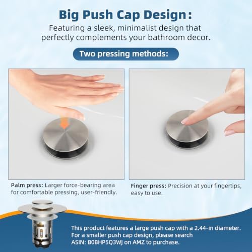Hibbent Upgraded 3 in 1 Bathroom Sink Drain Strainer, Pop Up Sink Stopper with Big Push Cap, Anti-Clogging Metal Filter Basket,Sink Plug with Hair Catcher for 1.1''~2.36'' Basin, Brushed Nickel - Image 6
