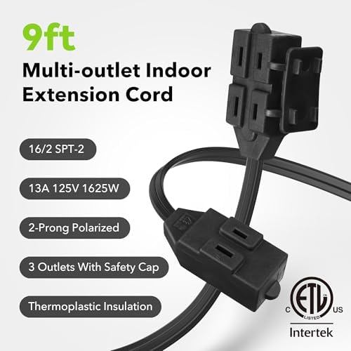 BN-LINK 9ft Indoor Extension Cord, 2 Pack, 3-Outlet Polarized Flat Cable, Household Power Cord for Home, Office, and Holiday Decorations, Black - Image 5