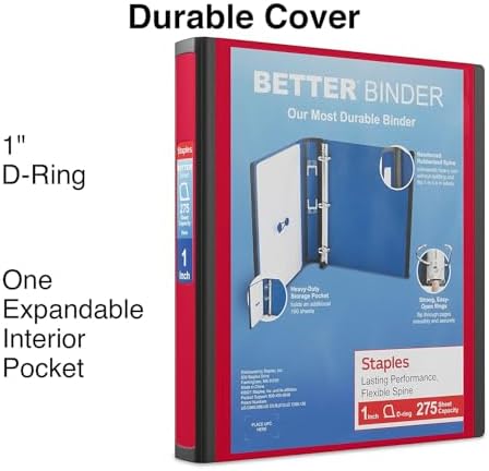 Staples Heavy-Duty 1-Inch D-Ring Binder, Red, Removable Spine Label - Image 2